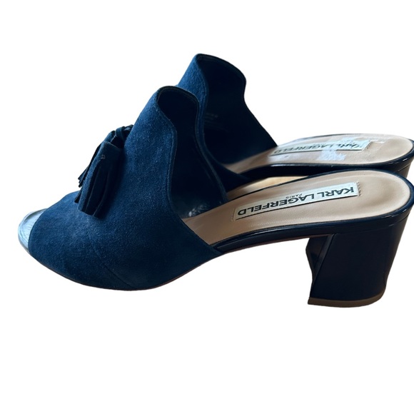 KARL LAGERFELD Designer Mules Slip On Hettie Chunky Heel Suede Tassel Size 8 - Picture 2 of 7